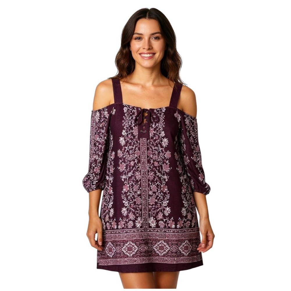 NWT PerSeption Concepts Medium Purple Floral Cold Shoulder Dress Boho